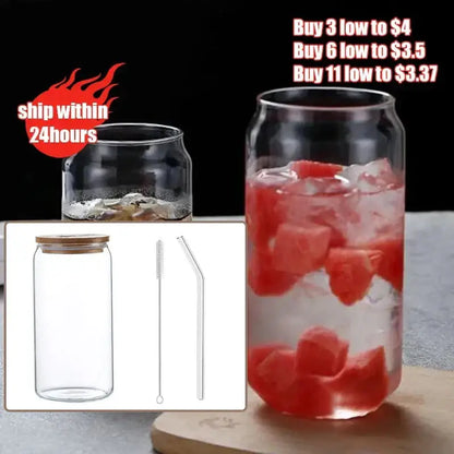 Clear glass drink cup with bamboo lid and straw kitchen soda