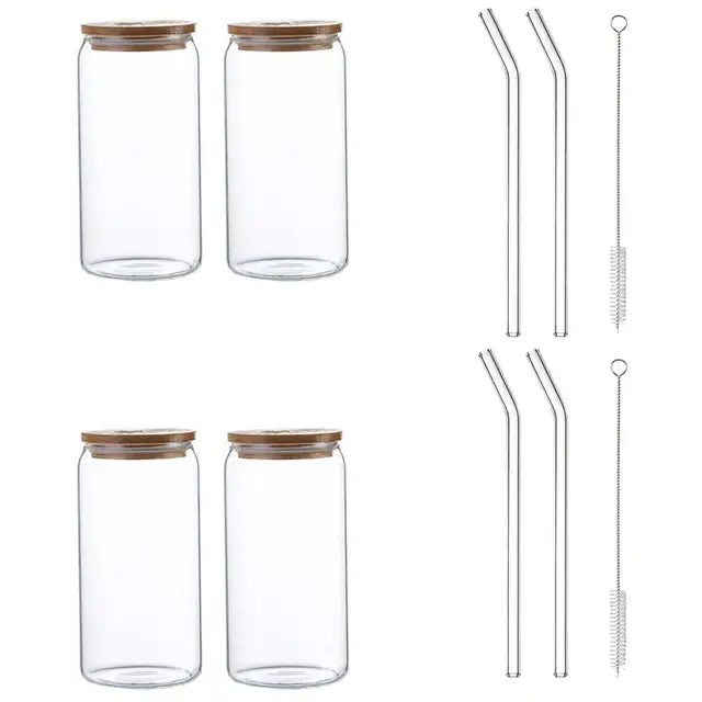 Clear glass drink cup with bamboo lid and straw kitchen soda