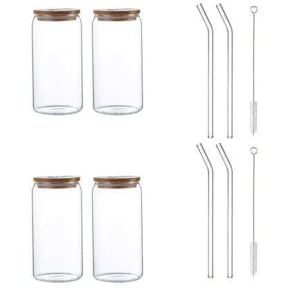 Clear glass drink cup with bamboo lid and straw kitchen soda