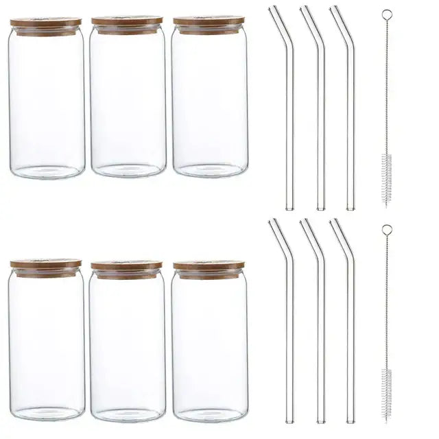 Clear glass drink cup with bamboo lid and straw kitchen soda