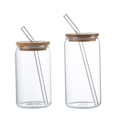 Clear glass drink cup with bamboo lid and straw kitchen soda