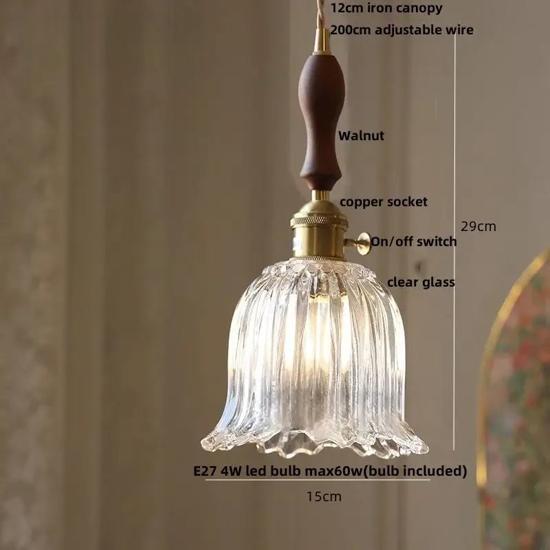 Clear glass flower acrylic led pendant light dining room walnut wood