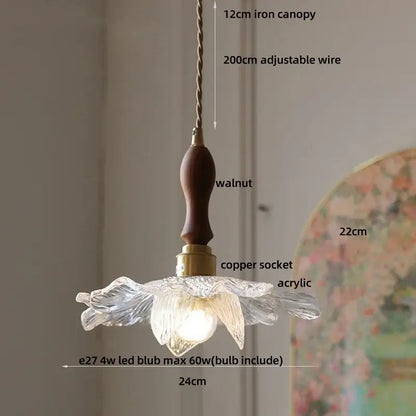 Clear glass flower acrylic led pendant light dining room walnut wood