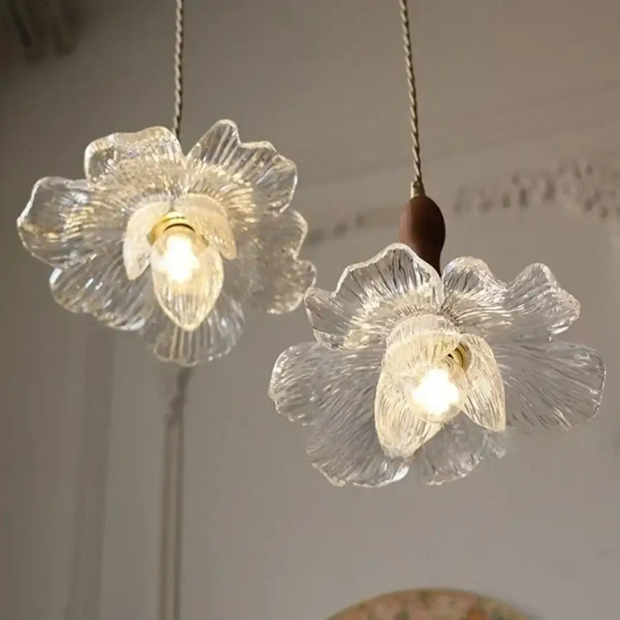 Clear glass flower acrylic led pendant light dining room walnut wood