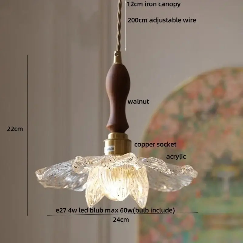 Clear glass flower acrylic led pendant light dining room walnut wood