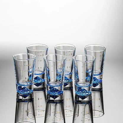 Clear glass liquor cup set with measurement markings dining room glass