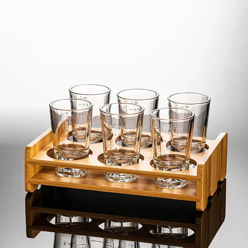 Clear glass liquor cup set with measurement markings dining room glass