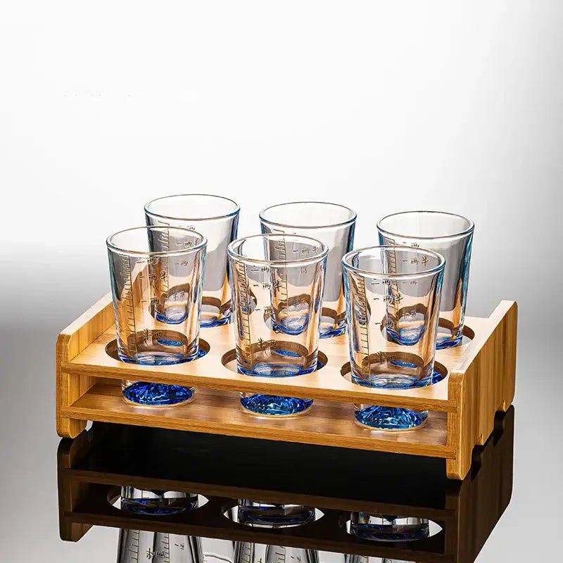 Clear glass liquor cup set with measurement markings dining room glass