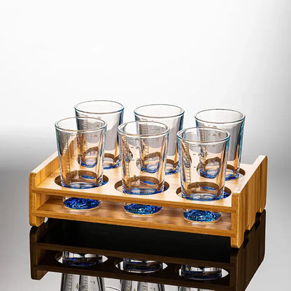 Clear glass liquor cup set with measurement markings dining room glass