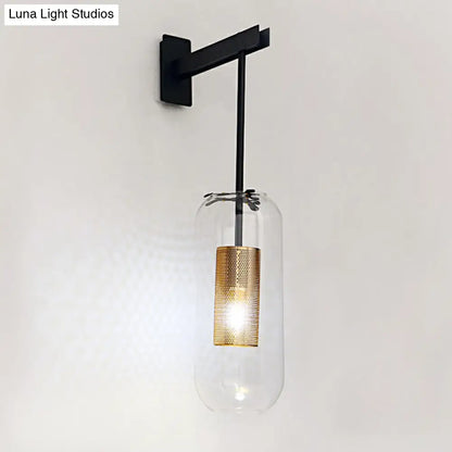 DecorBites™ Clear Glass Pill Capsule Wall Sconce - Modern 1-Light Hanging Light with Mesh Cage