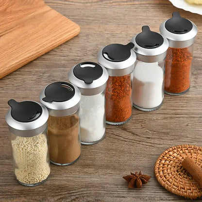 Clear glass rotating spice jar set – kitchen seasoning bottles