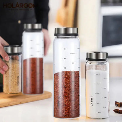 Clear glass spice shaker with rotary lid kitchen storage jar
