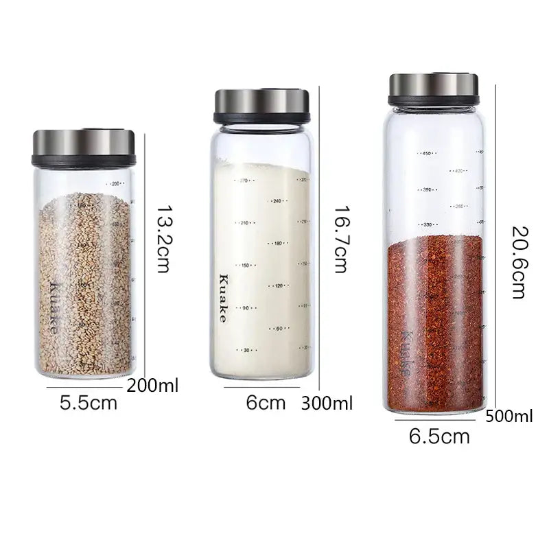 Clear glass spice shaker with rotary lid kitchen storage jar