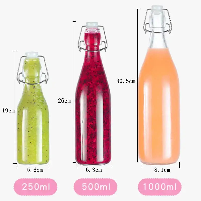 Clear glass storage bottle with swing top lid for kitchen storage