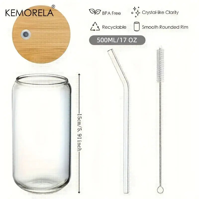 Clear glass tumbler cups with bamboo lid and straw kitchen set