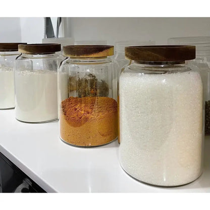 Clear kitchen glass jars with acacia lid set of 2 food storage