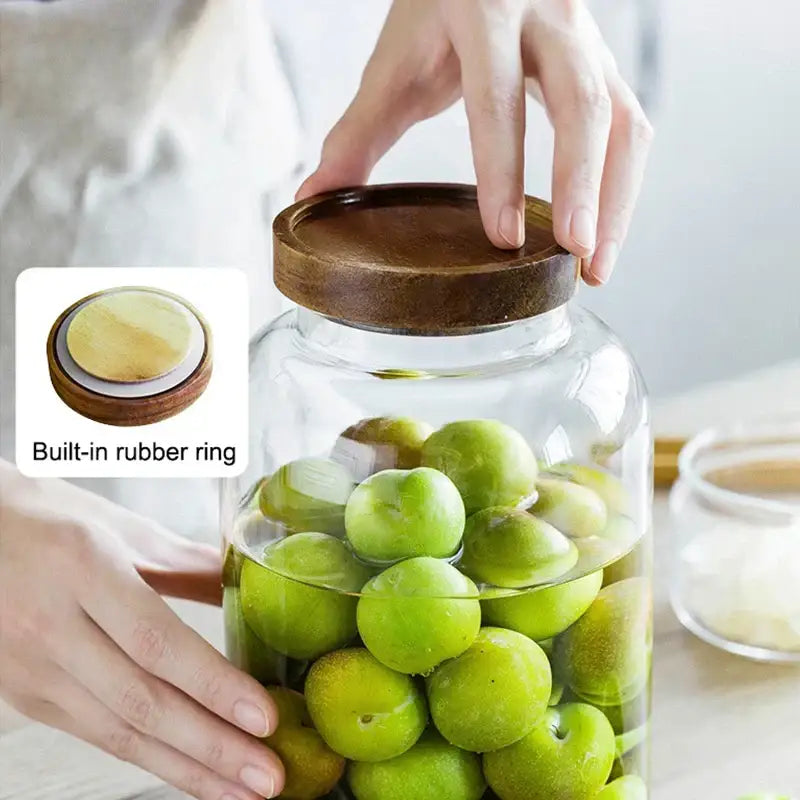 Clear kitchen glass jars with acacia lid set of 2 food storage