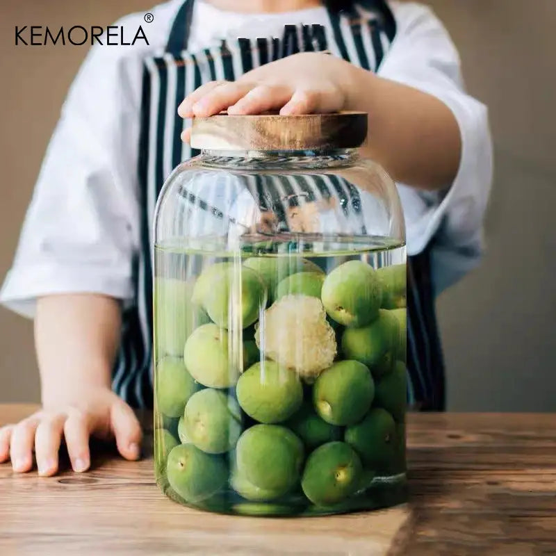 Clear kitchen glass jars with acacia lid set of 2 food storage