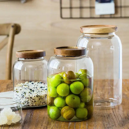 Clear kitchen glass jars with acacia lid set of 2 food storage