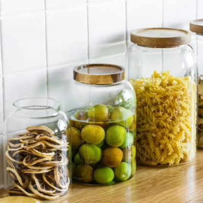 Clear kitchen glass jars with acacia lid set of 2 food storage