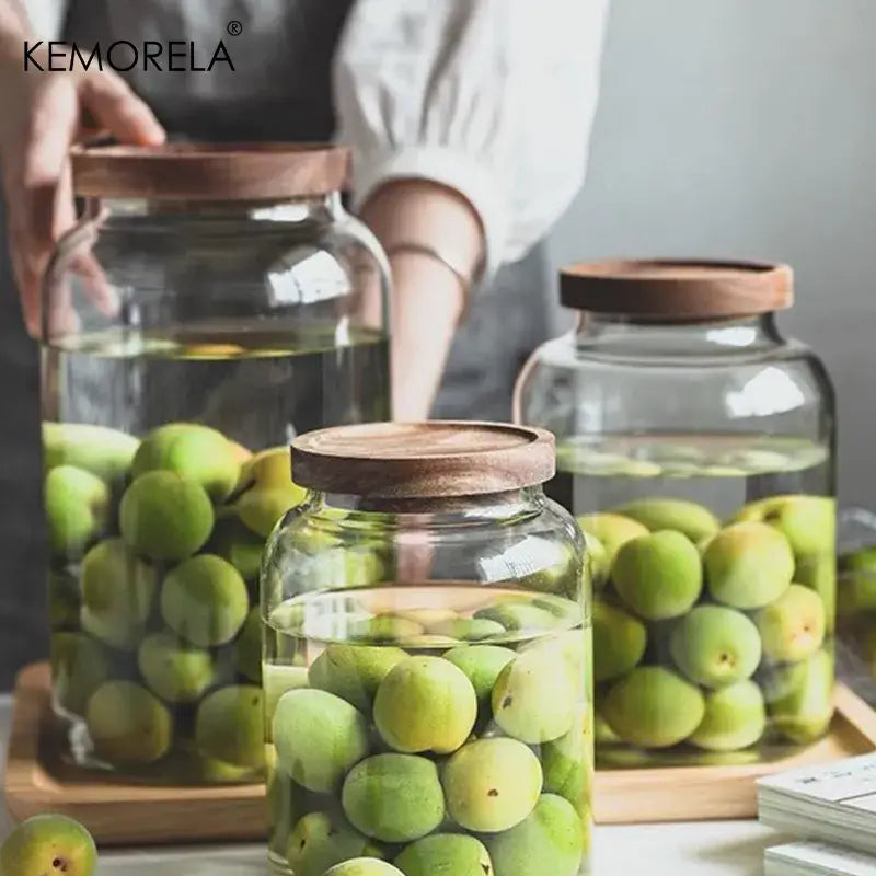 Clear kitchen glass jars with acacia lid set of 2 food storage