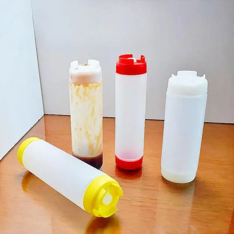 Clear red white & yellow tomato squeeze bottle kitchen set