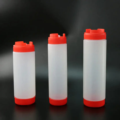 Clear red white & yellow tomato squeeze bottle kitchen set