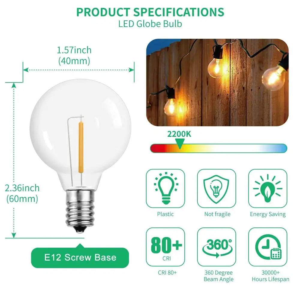 Clear shatterproof g40 1w pet led bulbs outdoor string lights patio