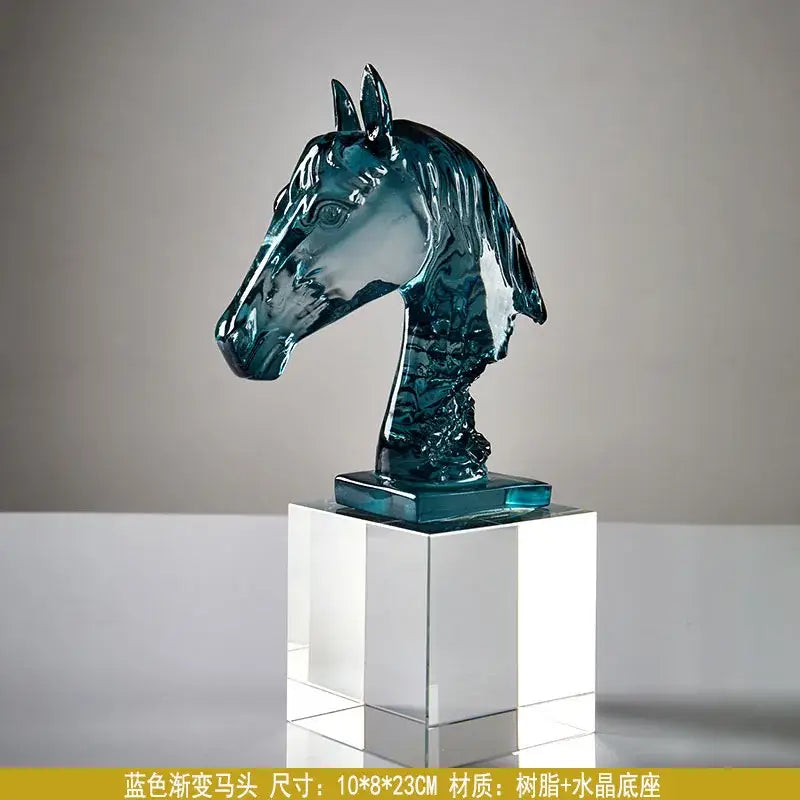 Clear & teal horse head crystal statue living room decor