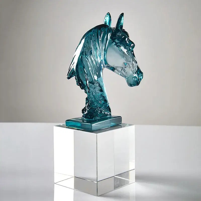 Clear & teal horse head crystal statue living room decor