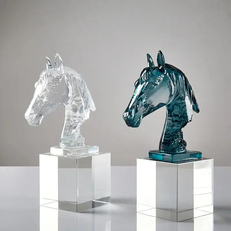 Clear & teal horse head crystal statue living room decor
