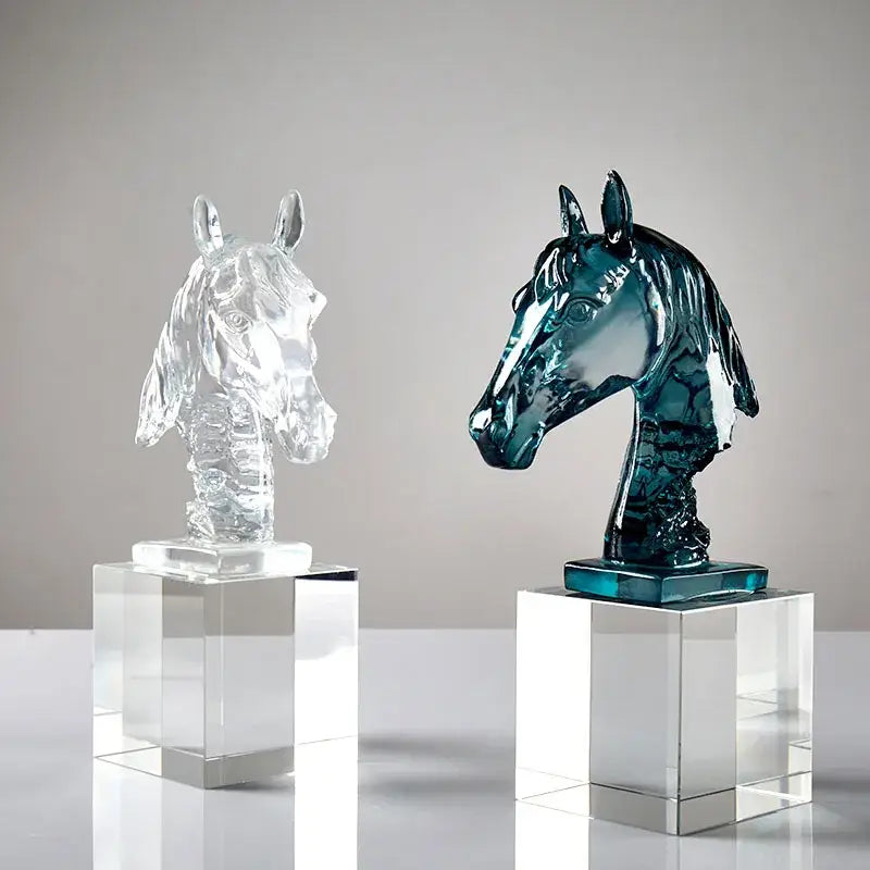 Clear & teal horse head crystal statue living room decor