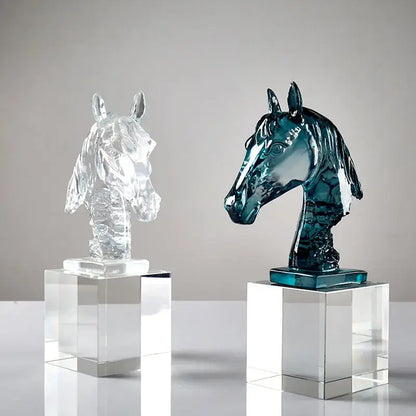 Clear & teal horse head crystal statue living room decor