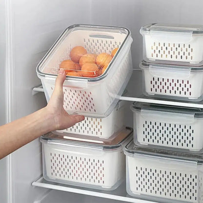 Clear white fridge storage containers with drain basket for kitchen
