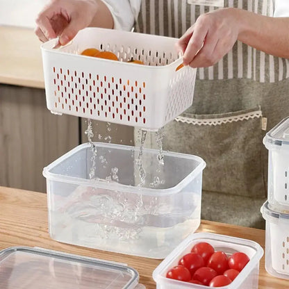 Clear white fridge storage containers with drain basket for kitchen