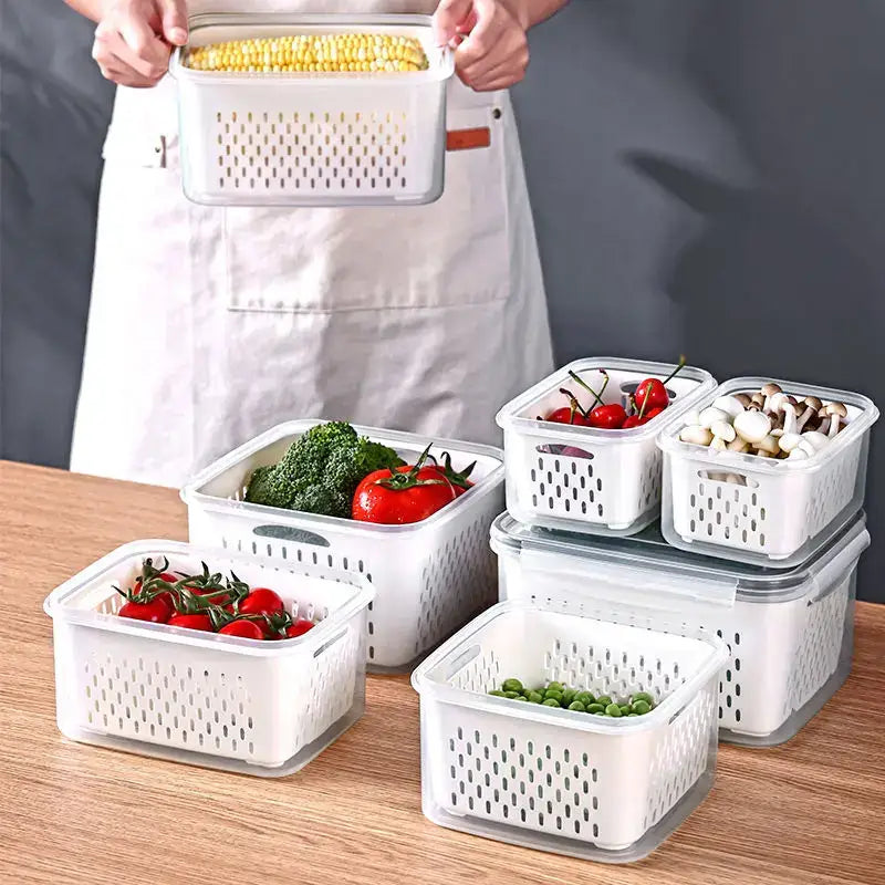 Clear white fridge storage containers with drain basket for kitchen