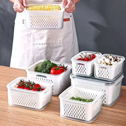 Clear white fridge storage containers with drain basket for kitchen