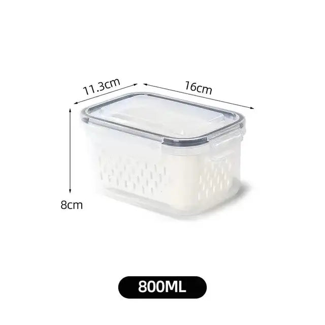 Clear white fridge storage containers with drain basket for kitchen