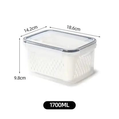 Clear white fridge storage containers with drain basket for kitchen