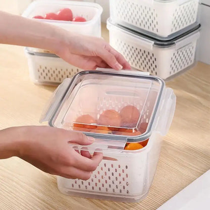 Clear white fridge storage containers with drain basket for kitchen