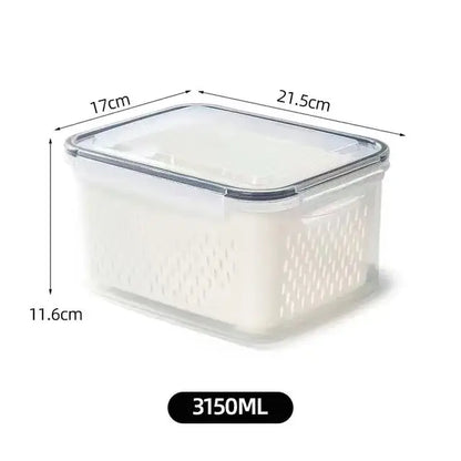 Clear white fridge storage containers with drain basket for kitchen