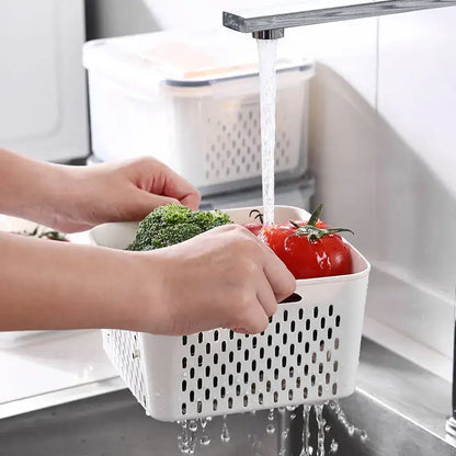 Clear white fridge storage containers with drain basket for kitchen