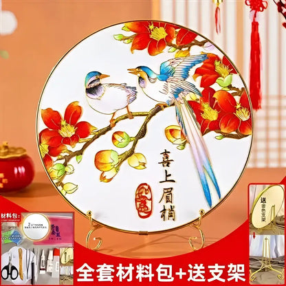 Cloisonne silk enamel painting diy kit blue & red bird dining room decor