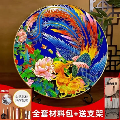 Cloisonne silk enamel painting diy kit blue & red bird dining room decor