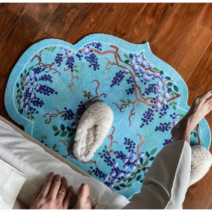 Cloud shaped teal and purple wisteria door mat bedroom rug