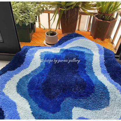 Cloudy blues wavy retro bath mat plush geode rug bathroom decor