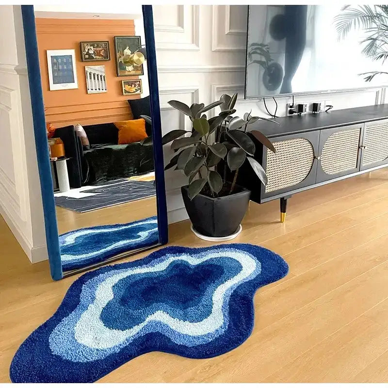 Cloudy blues wavy retro bath mat plush geode rug bathroom decor