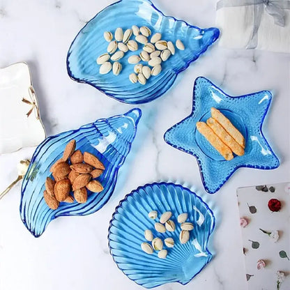 Coastal blue glass seashell dish plate saucer dining room snack set