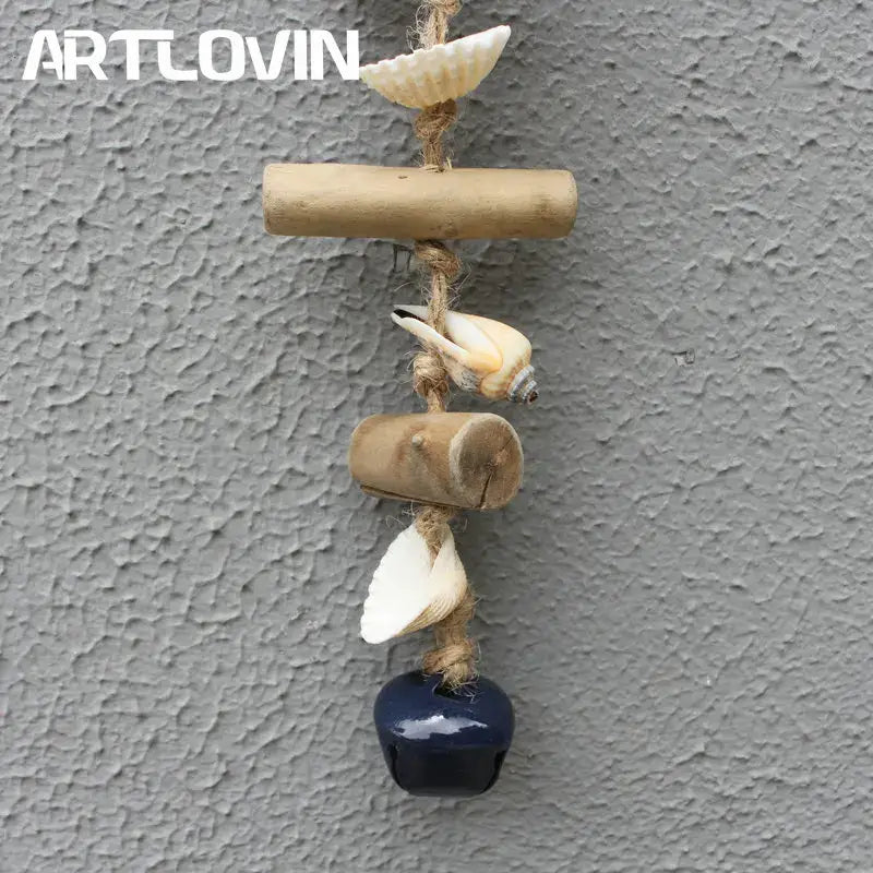 Coastal blue & white fish drift wood bells living room wall decor
