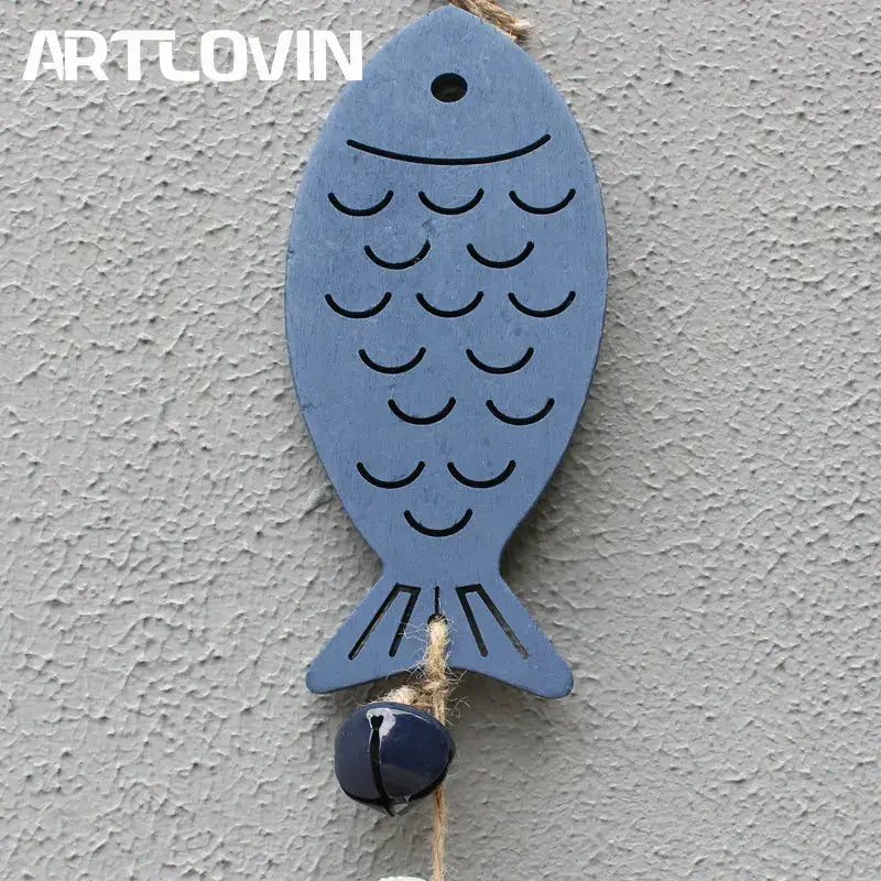 Coastal blue & white fish drift wood bells living room wall decor